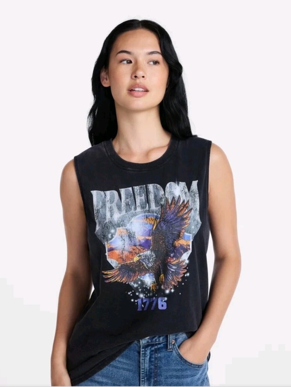 Source Unknown Black Muscle Tee with Eagle 'Freedom' Graphic